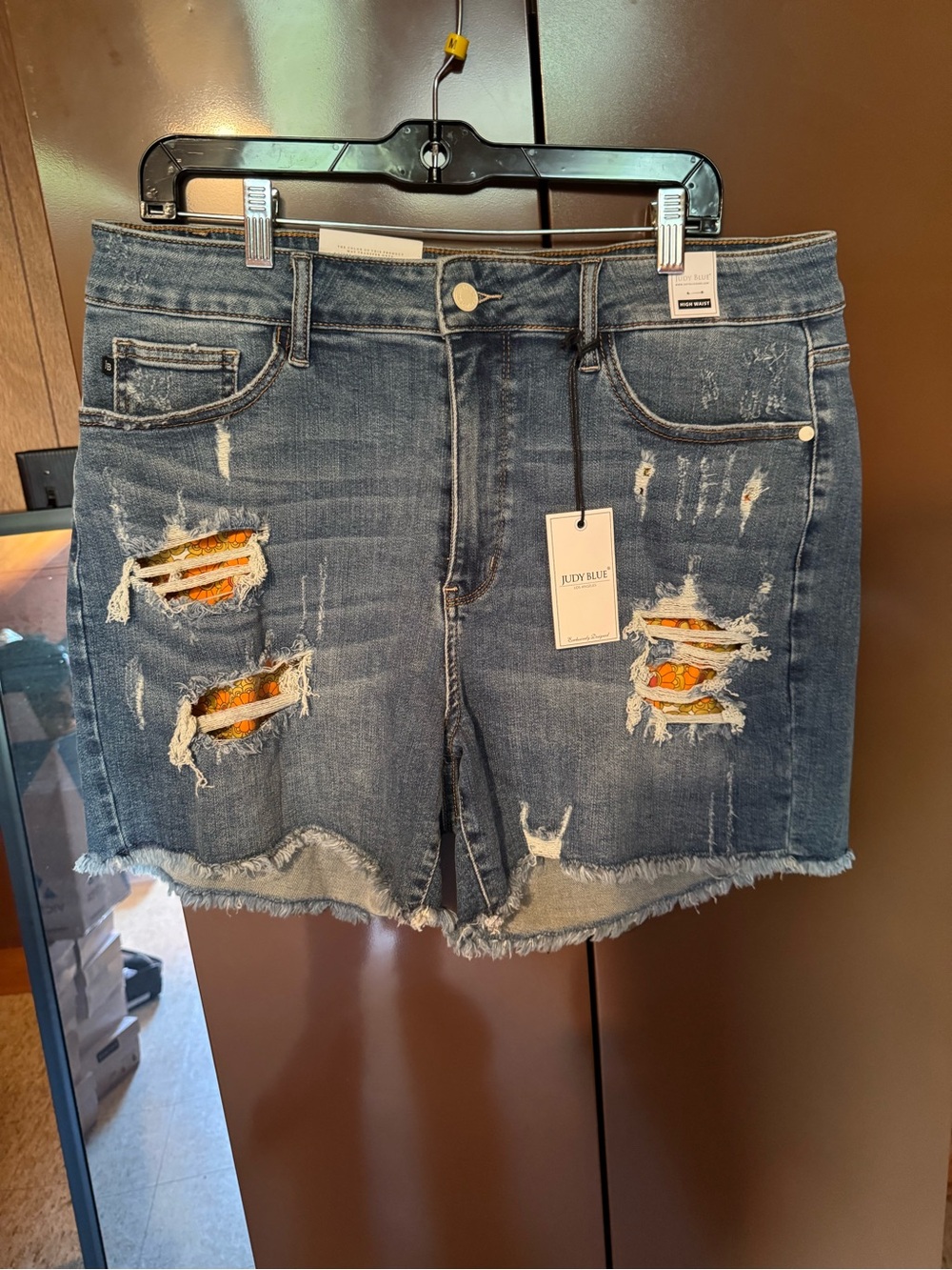 Judy Blue Distressed Dark Blue Jean Shorts with Orange Patch Detail